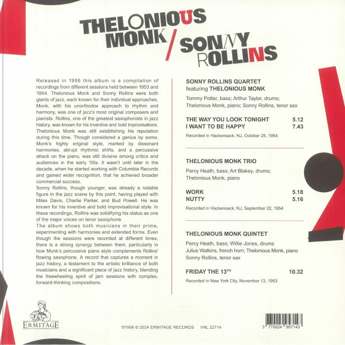 MONK, Thelonious/SONNY ROLLINS - Thelonious Monk & Sonny Rollins (reissue)